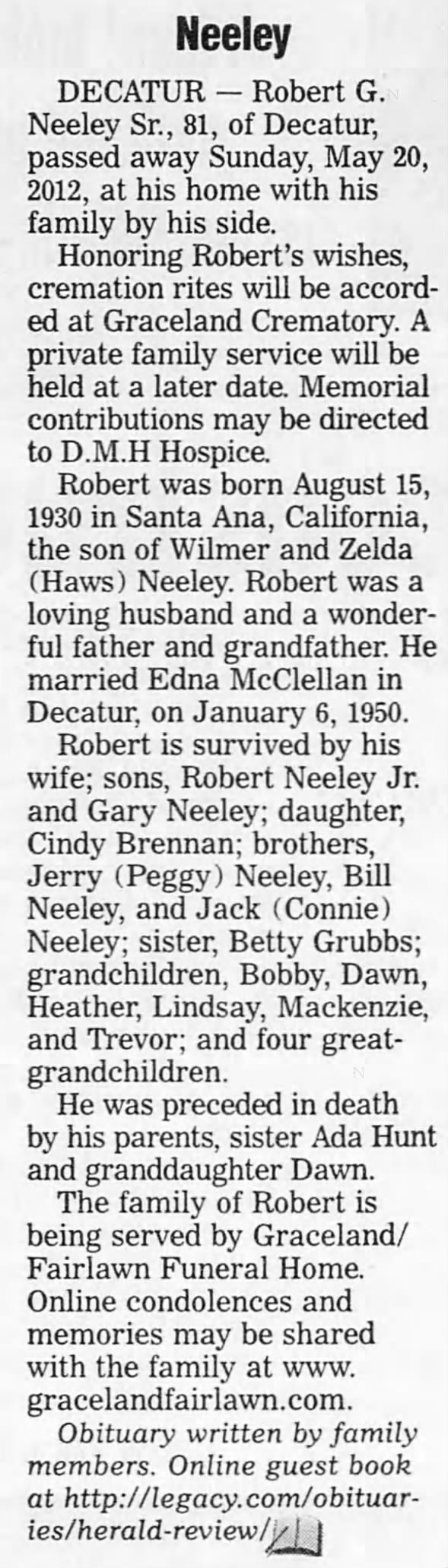 Obituary for Robert G. Neeley, 1930-2012 (Aged 81)